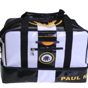 BLACK AND WHITE HAND LUGGAGE BAG 40 X 20 X 25 CM. MODEL FLYME MADE OF LORRY TARPAULIN.