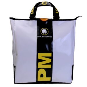 2 IN 1 BRIEFCASE AND BACKPACK IN BLACK WHITE YELLOW. MODEL HYBRID MADE OF LORRY TARPAULIN.