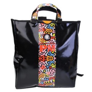 2 IN 1 BRIEFCASE AND BACKPACK BLACK WITH MULTICOLOR BAND. MODEL HYBRID MADE OF LORRY TARPAULIN.