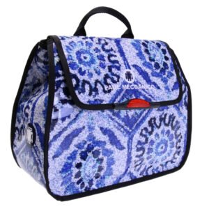 ...WOMEN'S "BACK BAG" LIGHT BLUE COLOUR WITH MAIOLICA FANTASY. MODEL PULP MADE OF LORRY TARPAULIN.