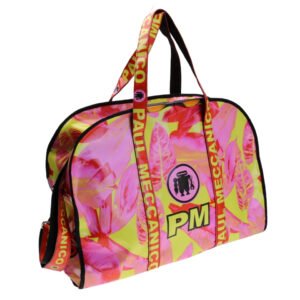 ...PINK AND YELLOW LARGE TRAVEL OR SPORTS BAG WITH FLORAL FANTASY. MODEL RAID MADE OF LORRY TARPAULIN.