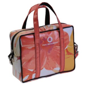 RECTANGULAR WOMEN'S BAG WHITE AND ORANGE WITH FLORAL FANTASY. MODEL PINCA MADE OF LORRY TARPAULIN.