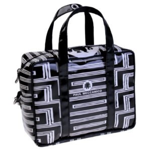 BLACK AND WHITE RECTANGULAR WOMEN'S BAG WITH GEOMETRIC FANTASY. MODEL PINCA MADE OF LORRY TARPAULIN.