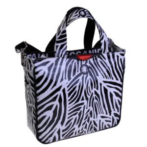 .BLACK AND WHITE TOTE BAG WITH ANIMALIER FANTASY . MODEL GLAM MADE OF LORRY TARPAULIN.