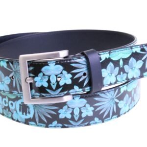 ...BLACK MEN'S BELT WITH FLORAL FANTASY MADE OF LORRY TARPAULIN.