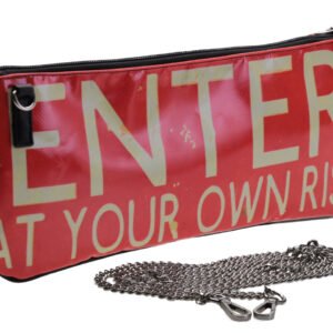 BEIGE AND ORANGE CLUTCH BAG "ENTER AT YOUR OWN RISK". MODEL RIBELLA MADE OF LORRY TARPAULIN.